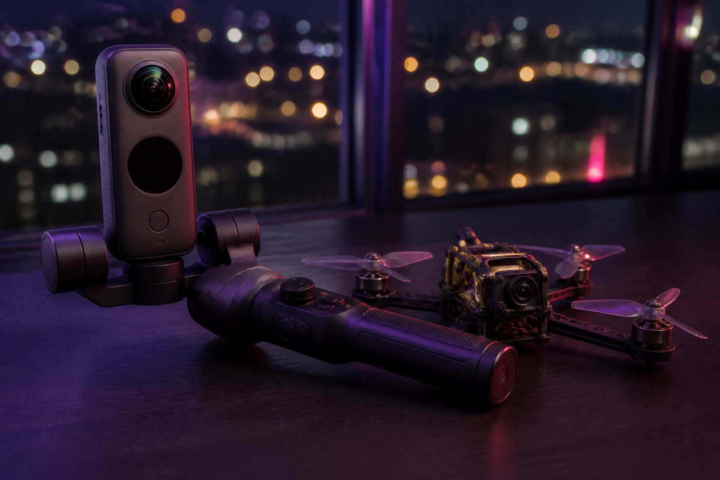 360 camera, gimbal and slow-shot drone