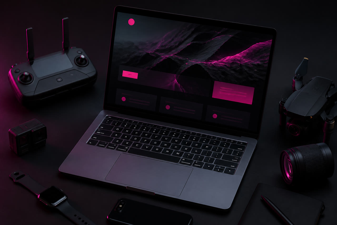 Creative studio desk with cameras and laptop